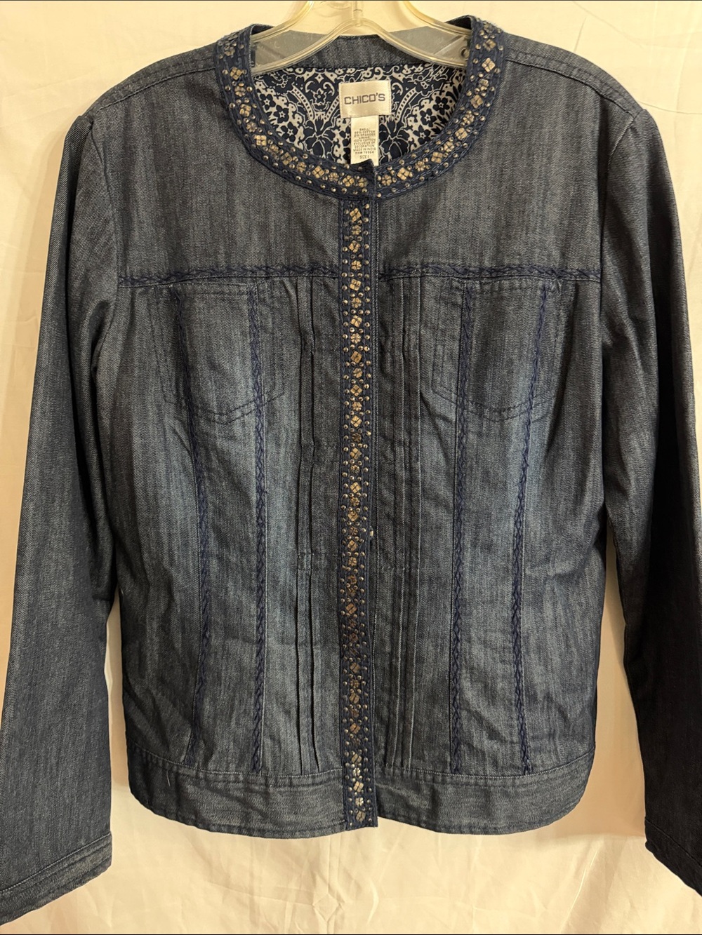 Chico's Indigo Denim Jacket with Beaded Trim